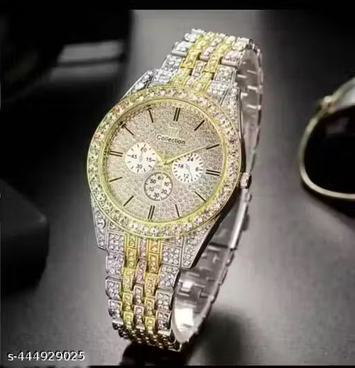 New Trending Analog Gold Silver Two Tone Round Diamond Chronograph Unisex Analoge Watch